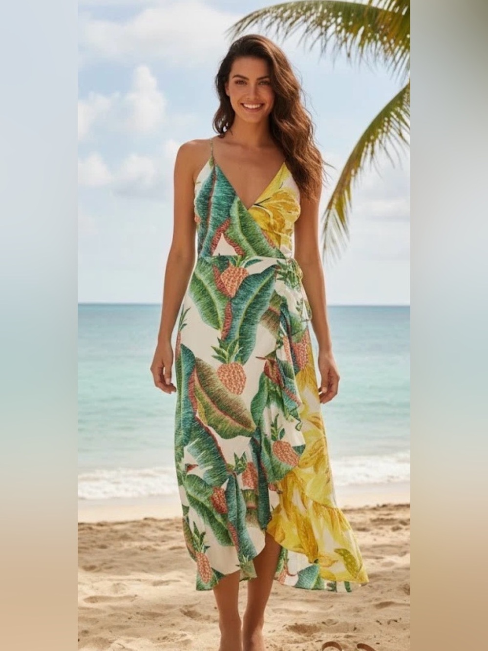 Farm Rio Azalea Forest Wrap Midi in White Palm Pineapple Tank Dress Size XS